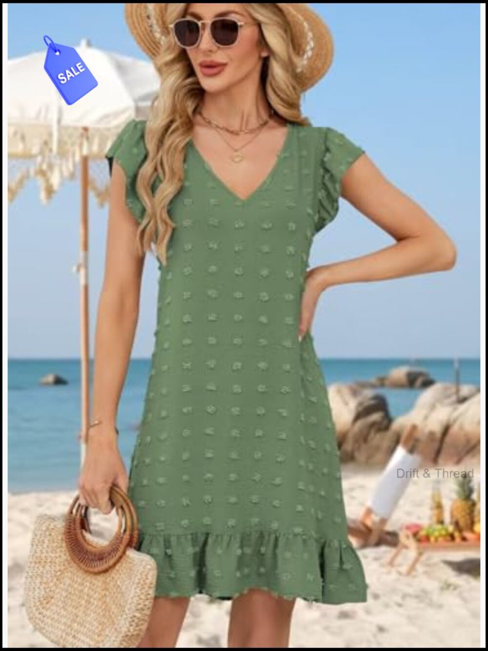 V-Neck Cap Sleeve Ruffle Hem Smock Short Casual Beach Dress - Picture 2 of 7